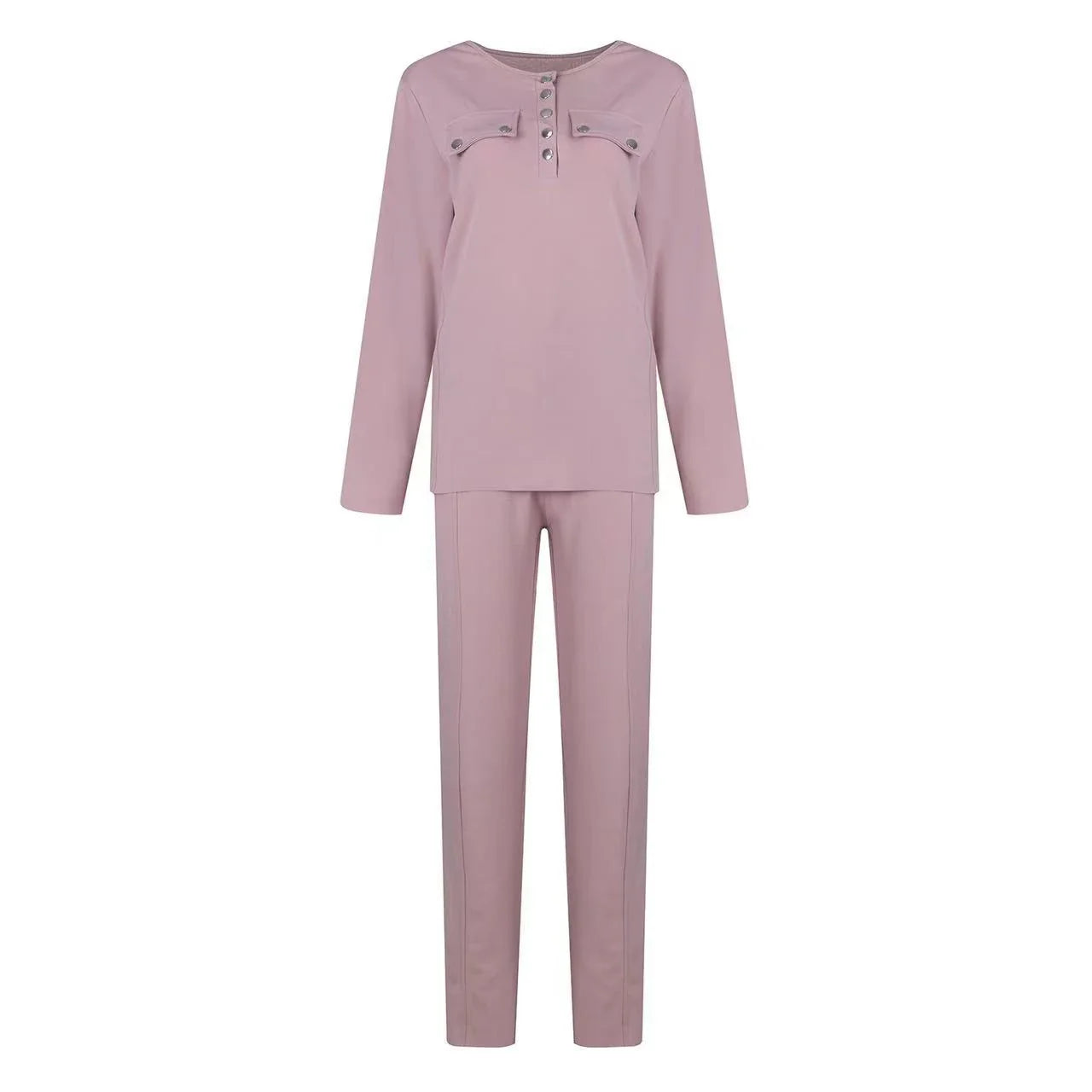 Cozy and stylish two-piece loungewear set with a cotton-blend sweatshirt top and matching drawstring pants