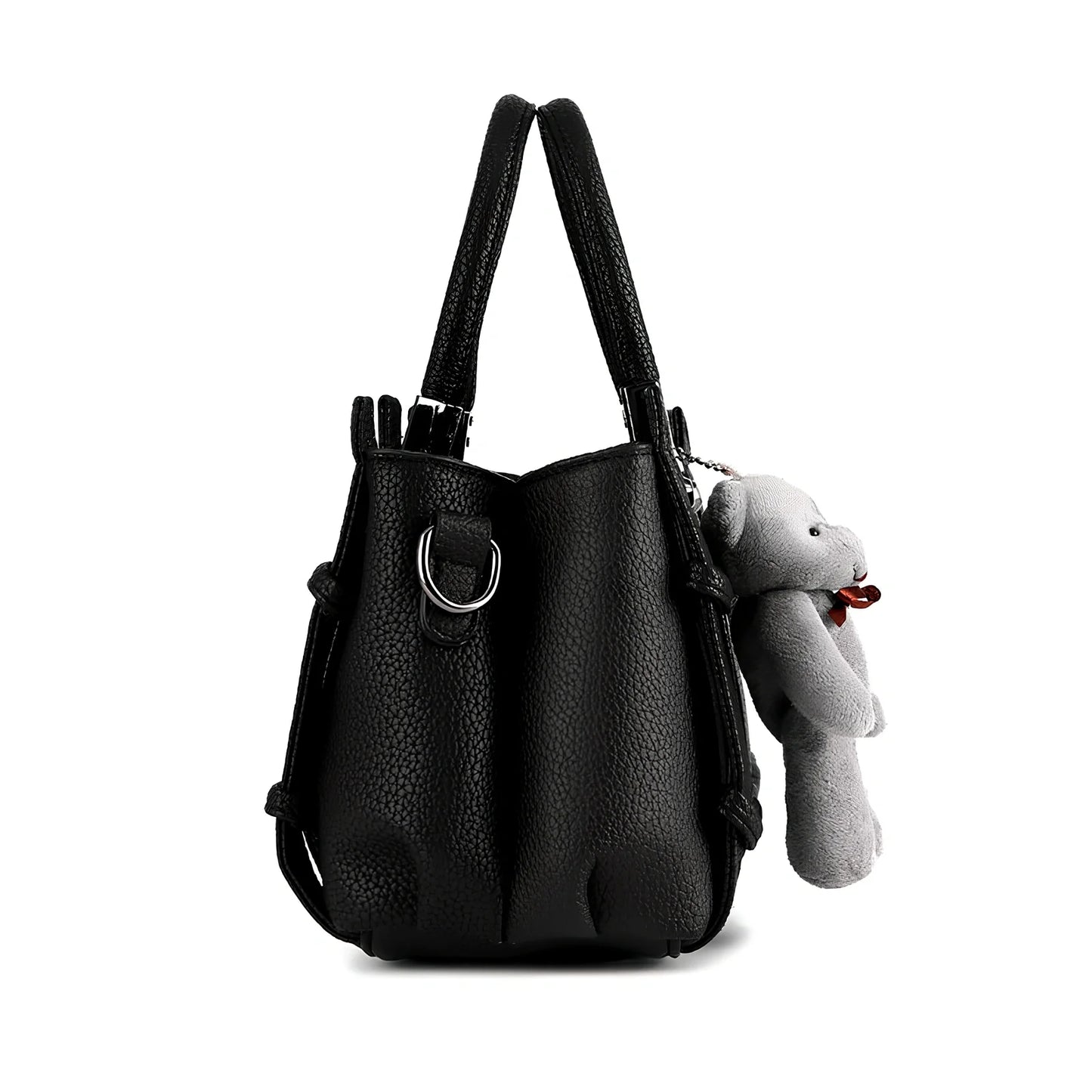 Women's black PU leather shoulder handbag showing four internal organisational compartments and adjustable strap