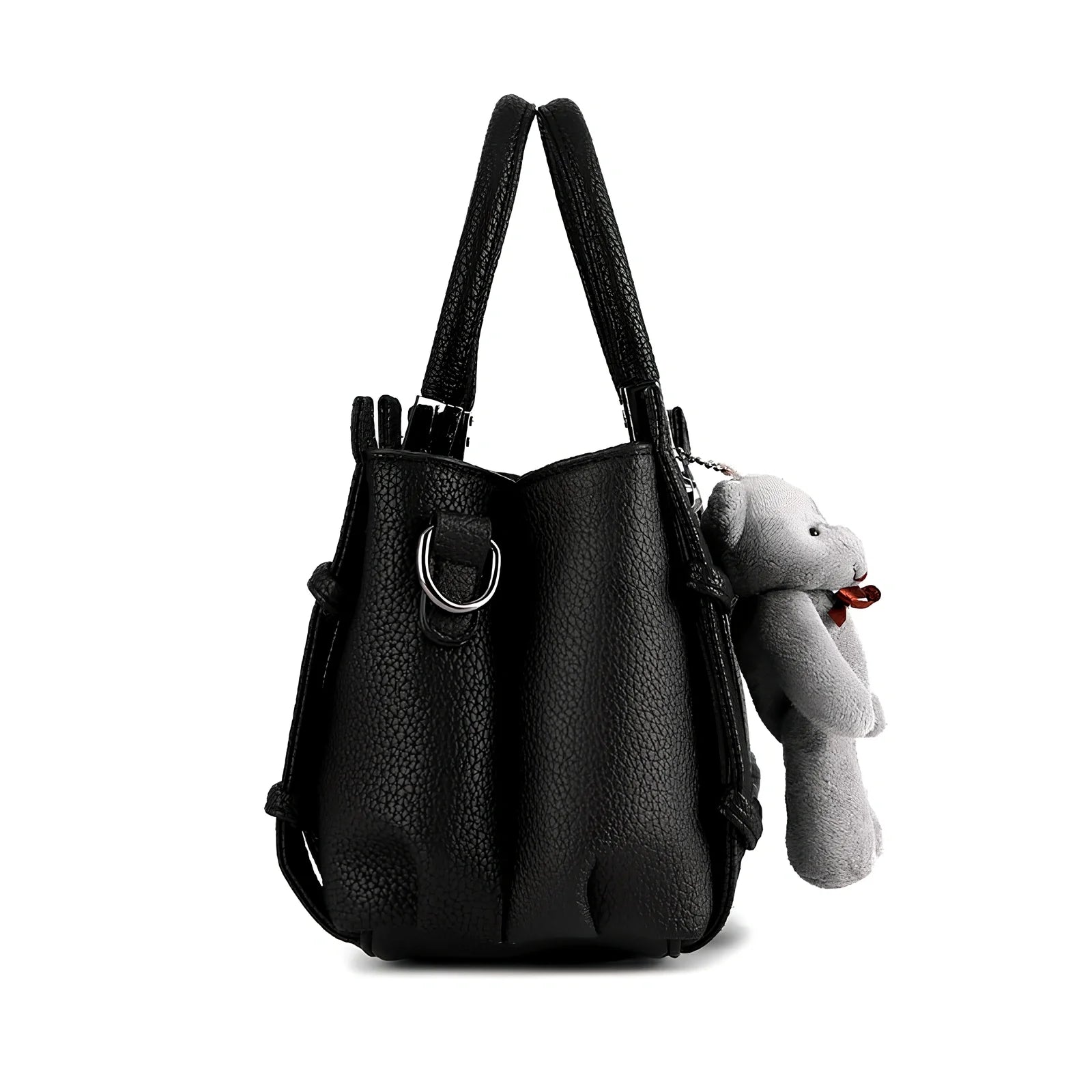 Women's black PU leather shoulder handbag showing four internal organisational compartments and adjustable strap