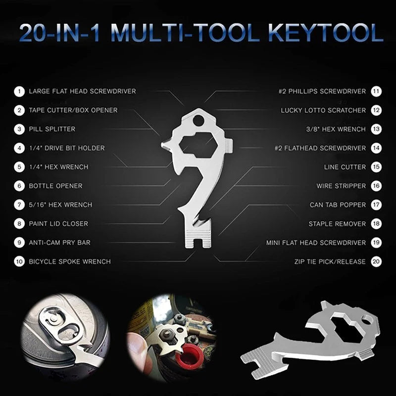 Compact stainless steel multi-tool key ring with over 20 functions