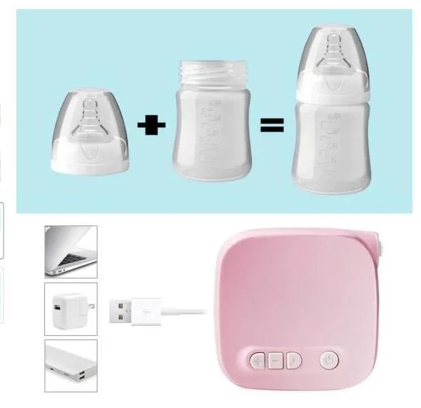 Electric breast pump kit with white 150ml PP bottle and silicone flange on a pink background