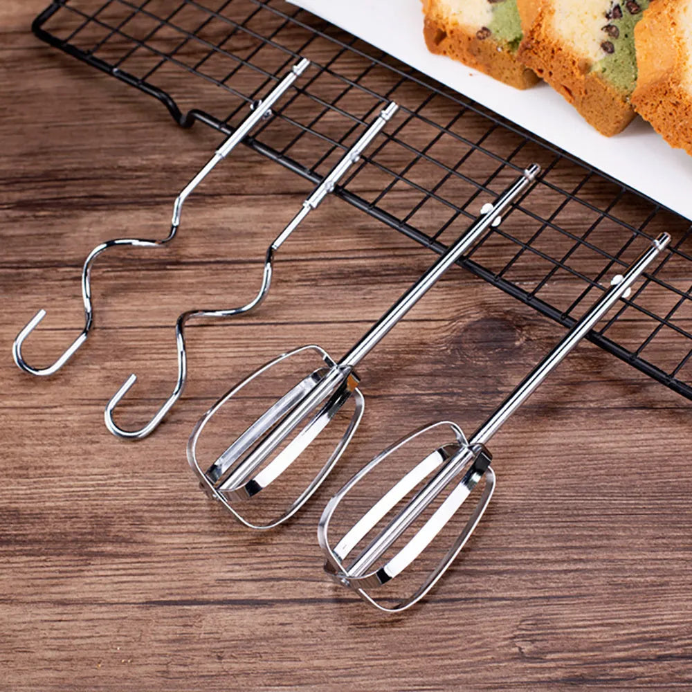White 500W electric hand mixer with two metal beaters and turbo button