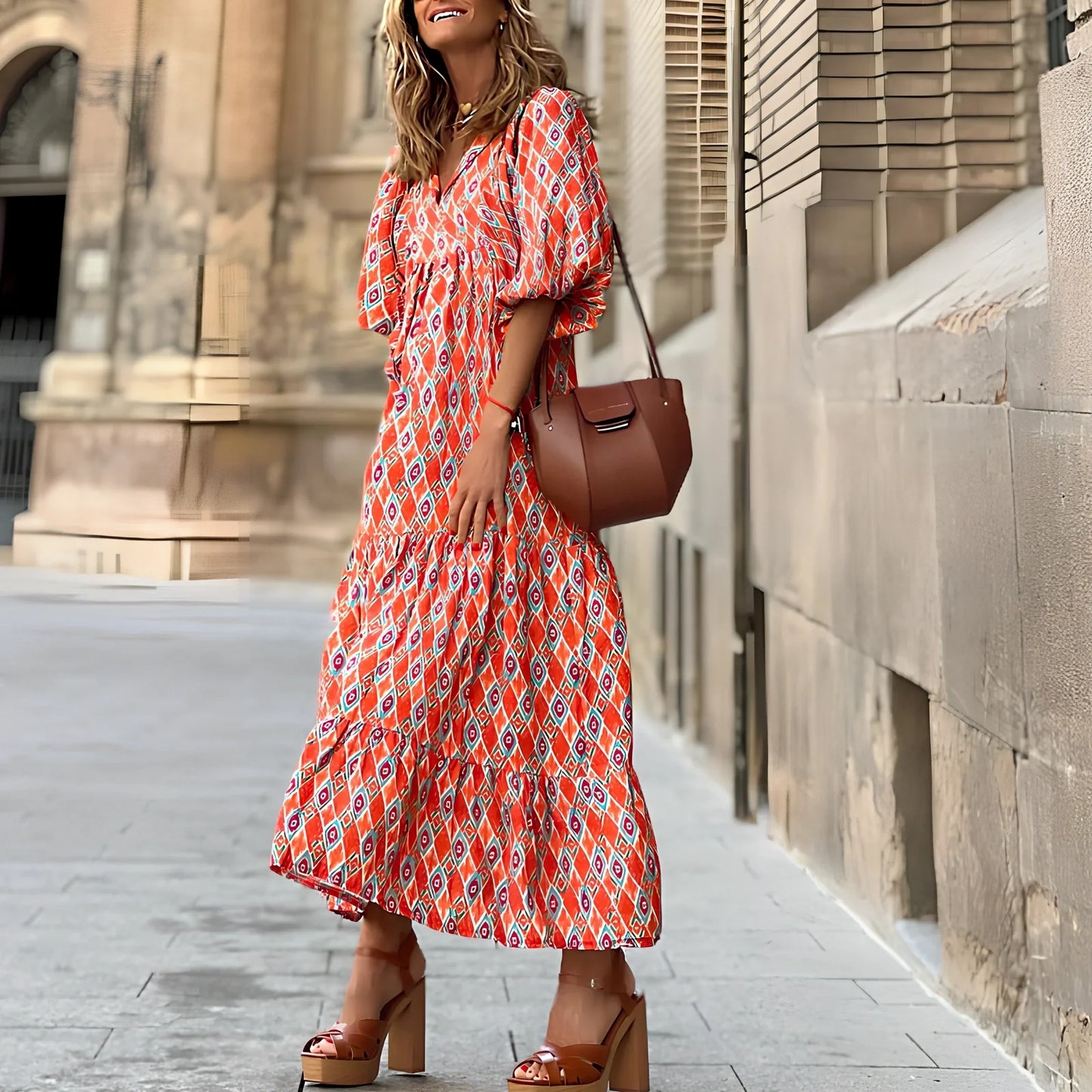 Women's vintage floral print bohemian dress with V-neck and short sleeves in green colour