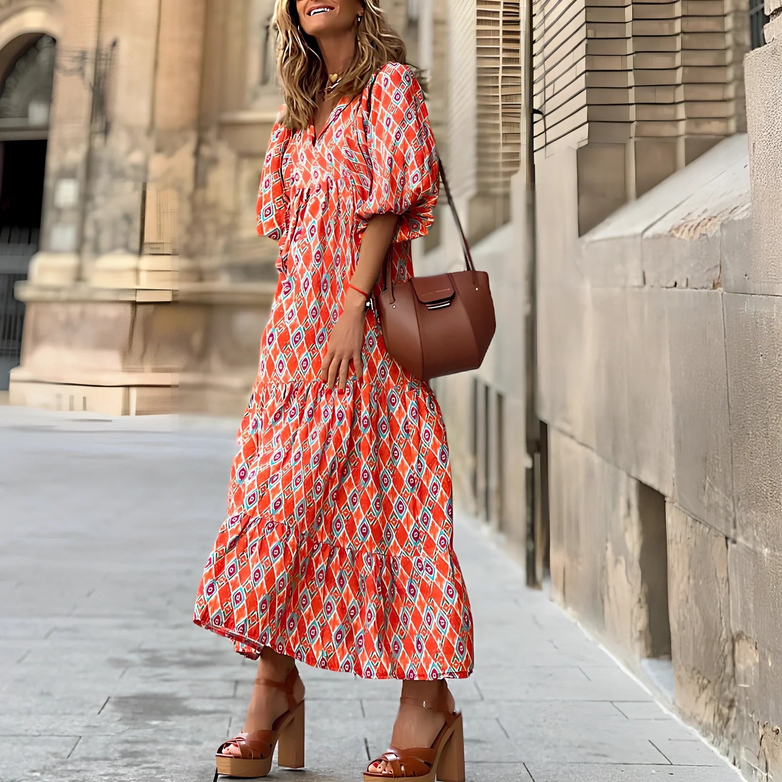 Women's vintage floral print bohemian dress with V-neck and short sleeves in green colour
