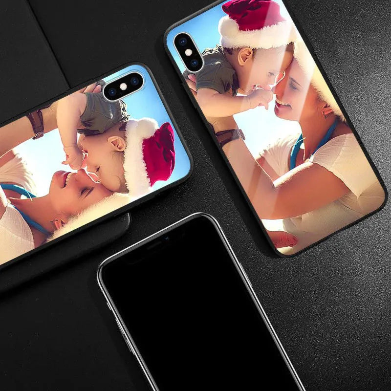 Custom patterned ultra-thin iPhone case with raised bumper edge, shown fitted on an iPhone.