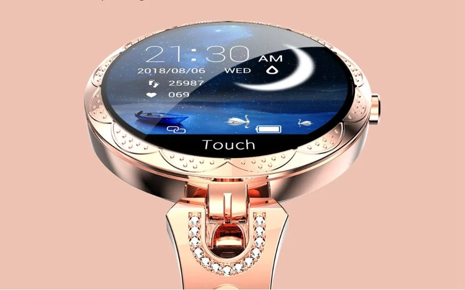 Fashion women's smart watch with round LCD screen and stainless steel strap in Rose Gold