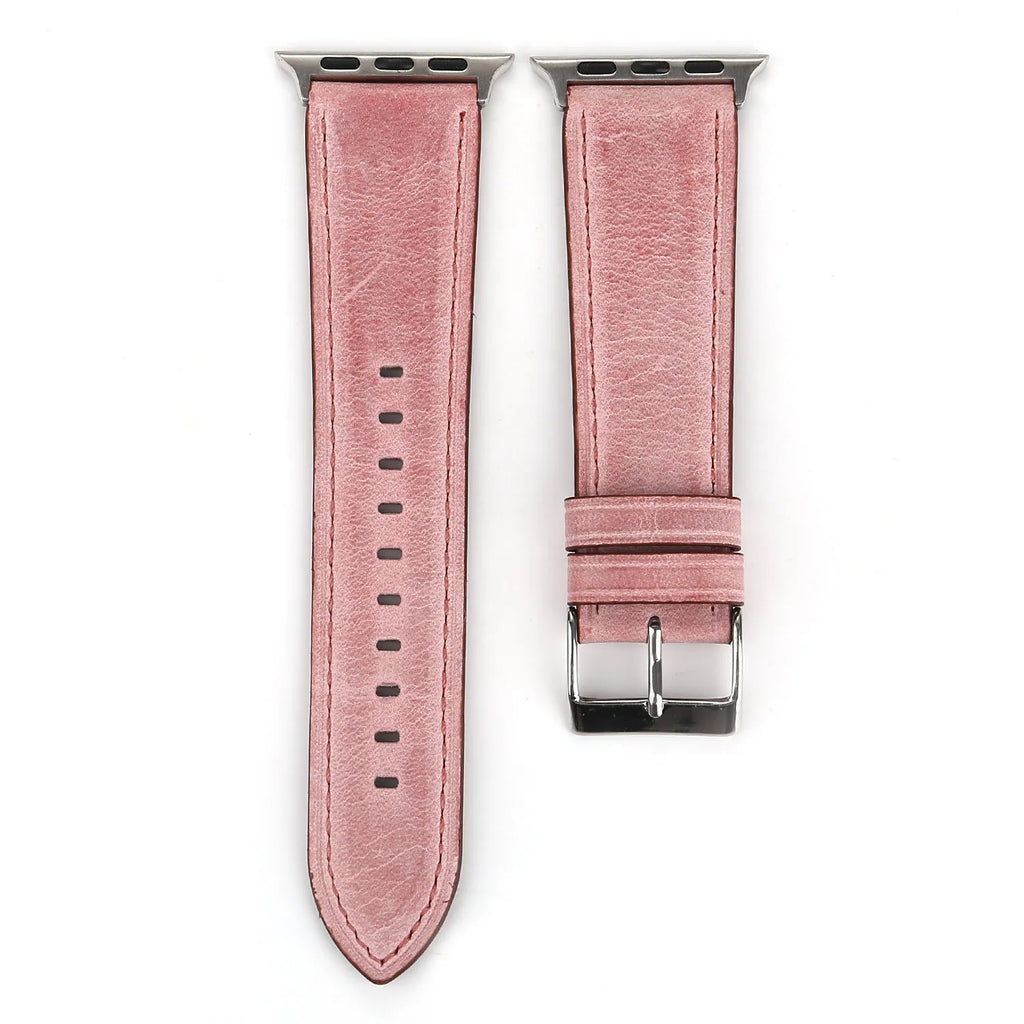 Genuine leather watch strap with folding buckle in blue, shown in 38mm width.