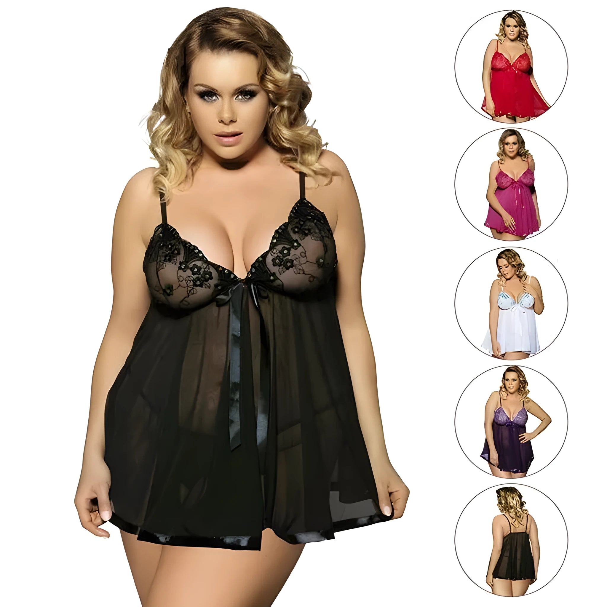 Women's purple lace and mesh sleeveless sleepdress lingerie on a hanger.