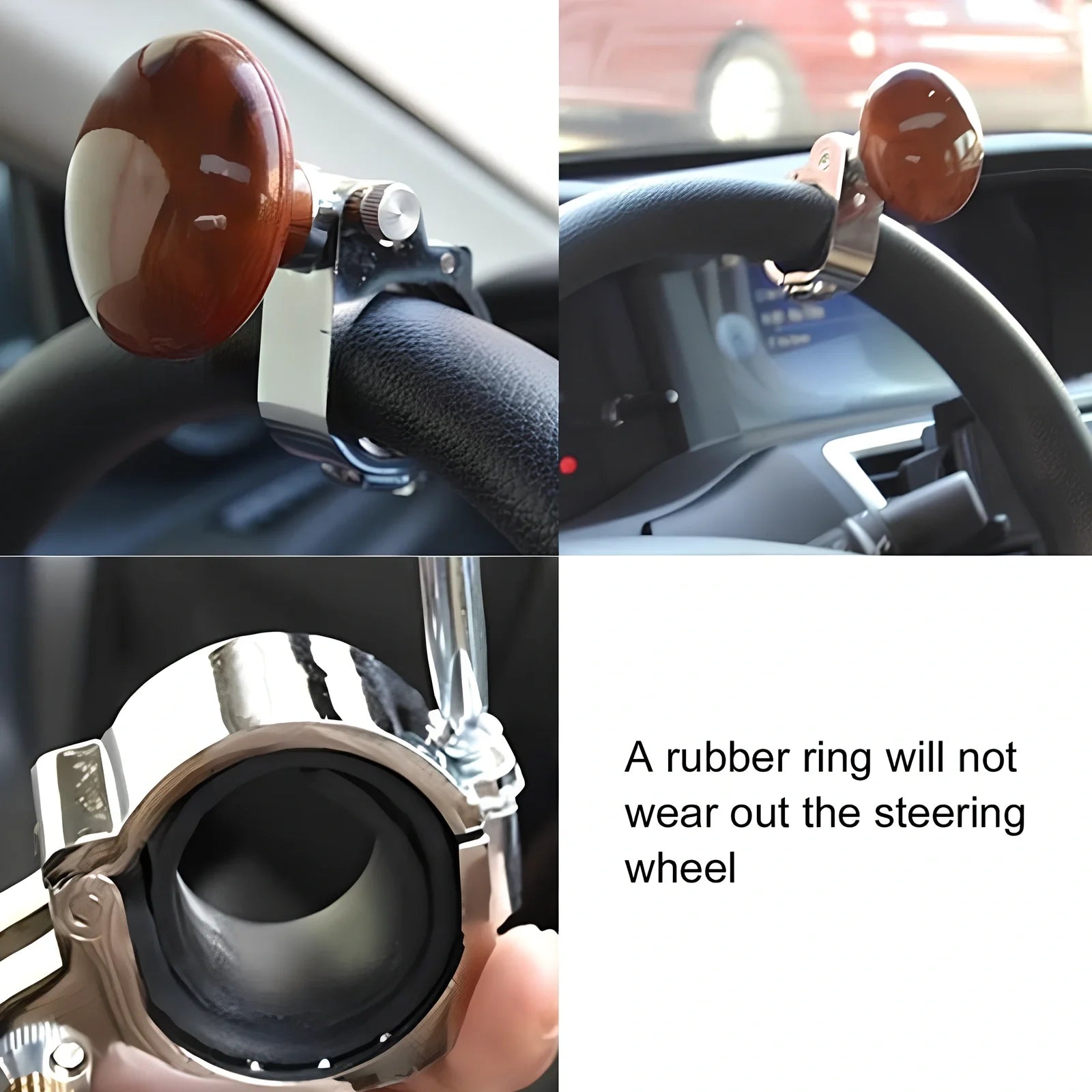 Adjustable stainless steel steering wheel booster in black, fitting up to 32mm thick rims for cars