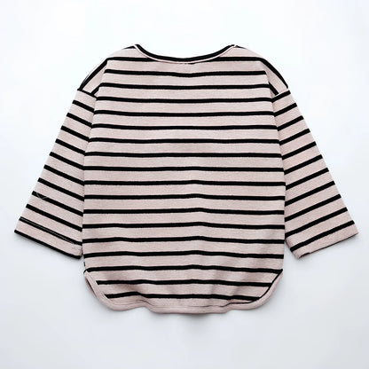 Black or red striped 100% cotton long sleeve T-shirt for baby girls, sizes 80-104 with lengths 34-43cm