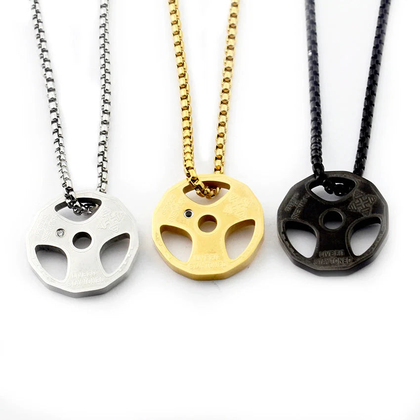 Men's titanium steel barbell necklace with geometric pendant in gold, silver, and black