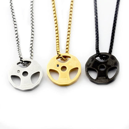 Men's titanium steel barbell necklace with geometric pendant in gold, silver, and black