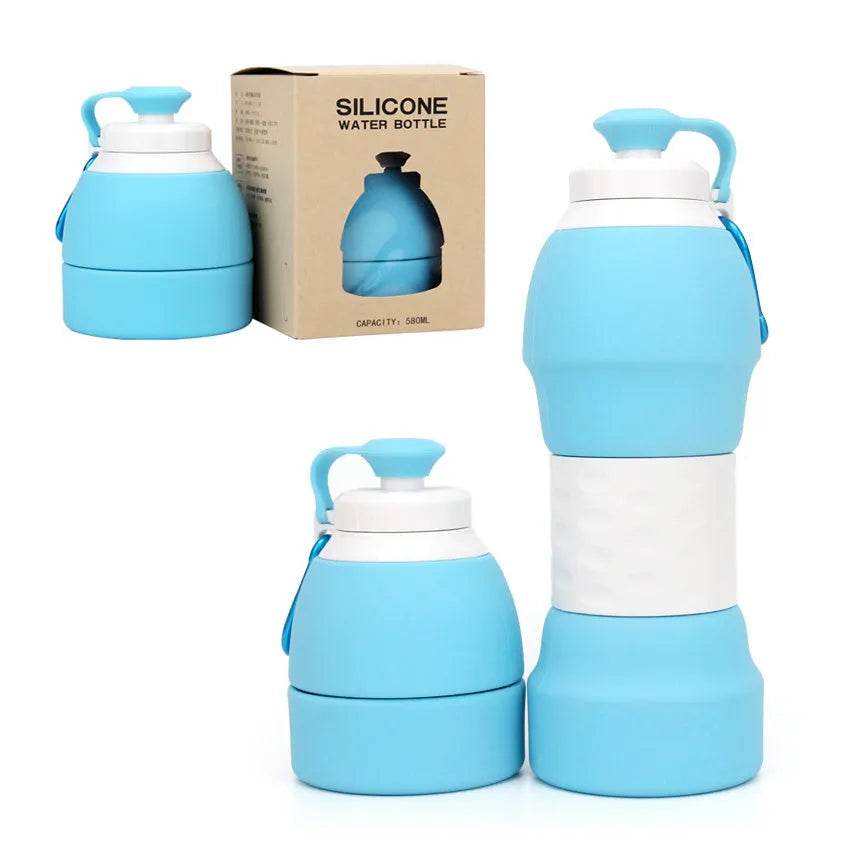 Blue silicone folding water bottle shown full and collapsed, with 580ml capacity mark.