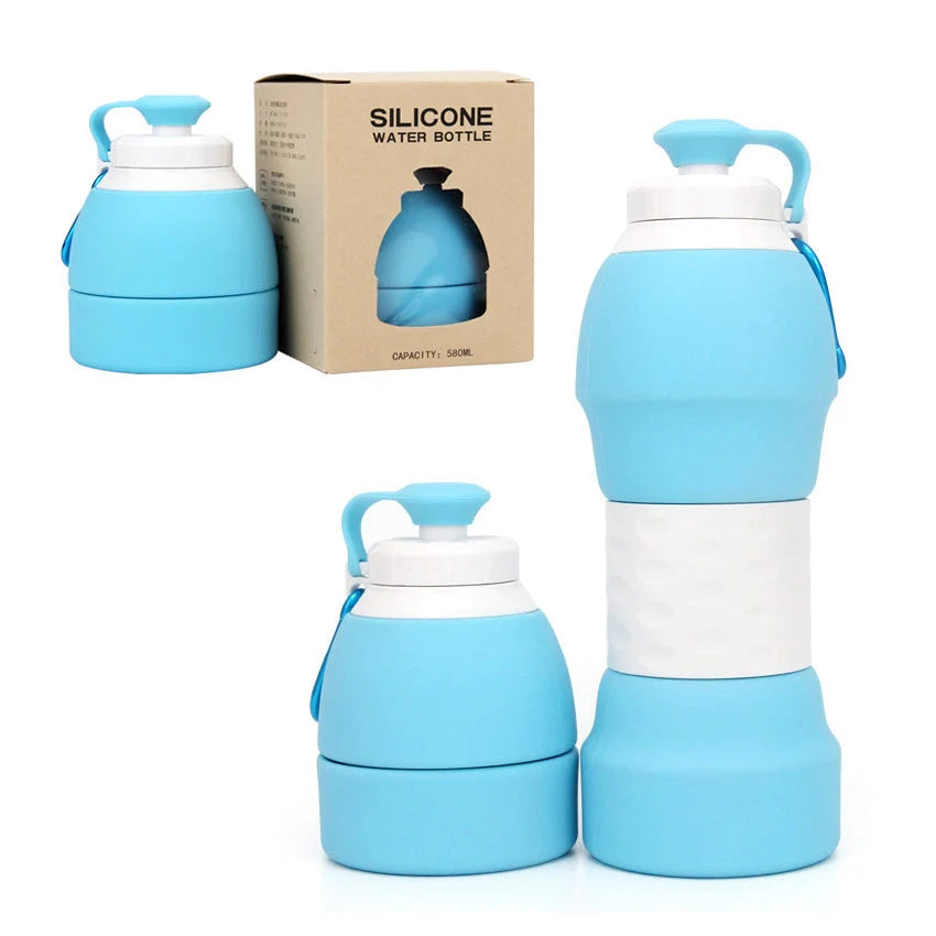 Collapsible silicone water bottle in various colours, showing folded and unfolded states