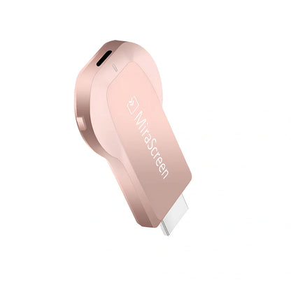 Compact 1080p wireless HDMI dongle in black, 6cm long with USB cable for TV streaming