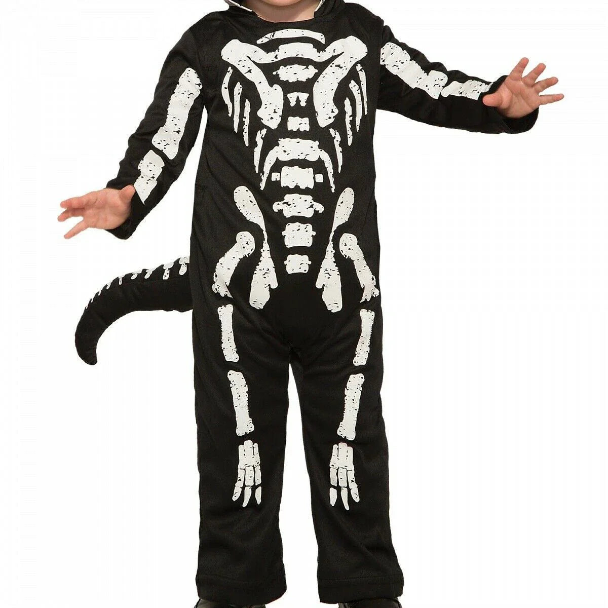 A skeletal Halloween costume for children, made with sustainable materials and featuring a realistic design.