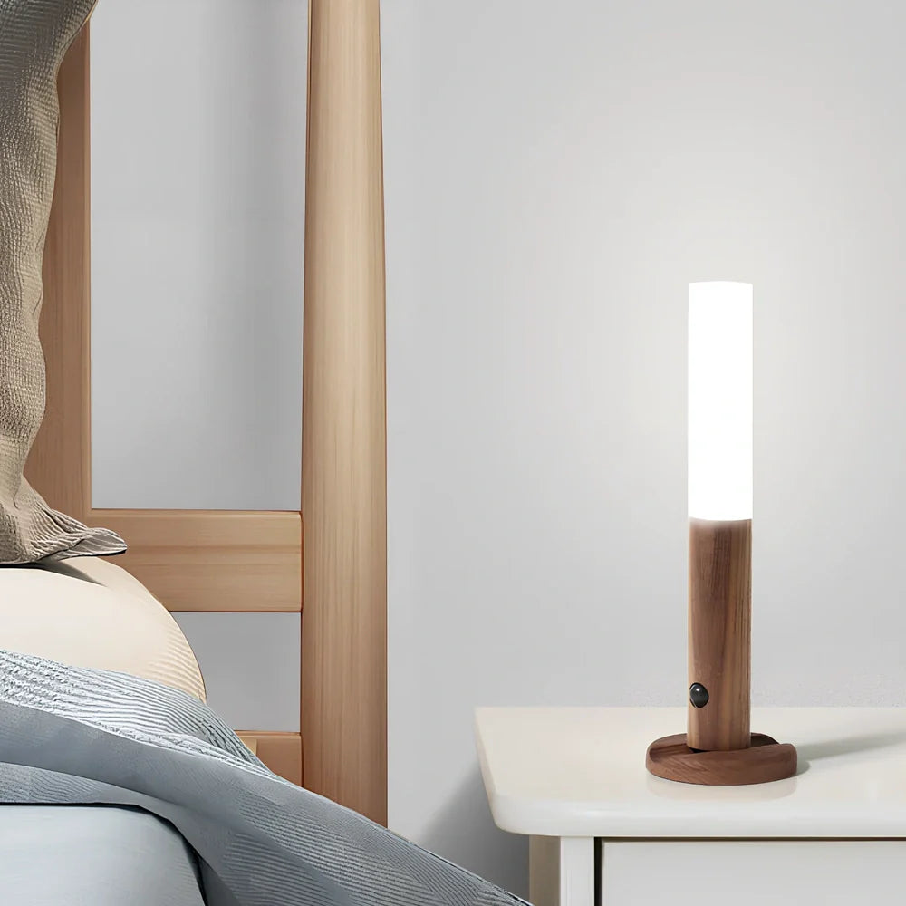Smart Sensor LED Desk Lamp in coffee wood, 182mm tall with 500mAh battery and warm white 1W light