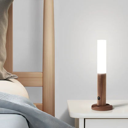 Smart Sensor LED Desk Lamp in coffee wood, 182mm tall with 500mAh battery and warm white 1W light