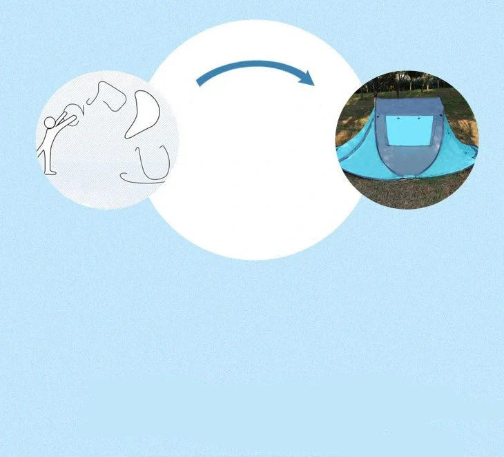 Blue ash automatic pop-up camping tent deployed showing interior space and fibre glass pole structure