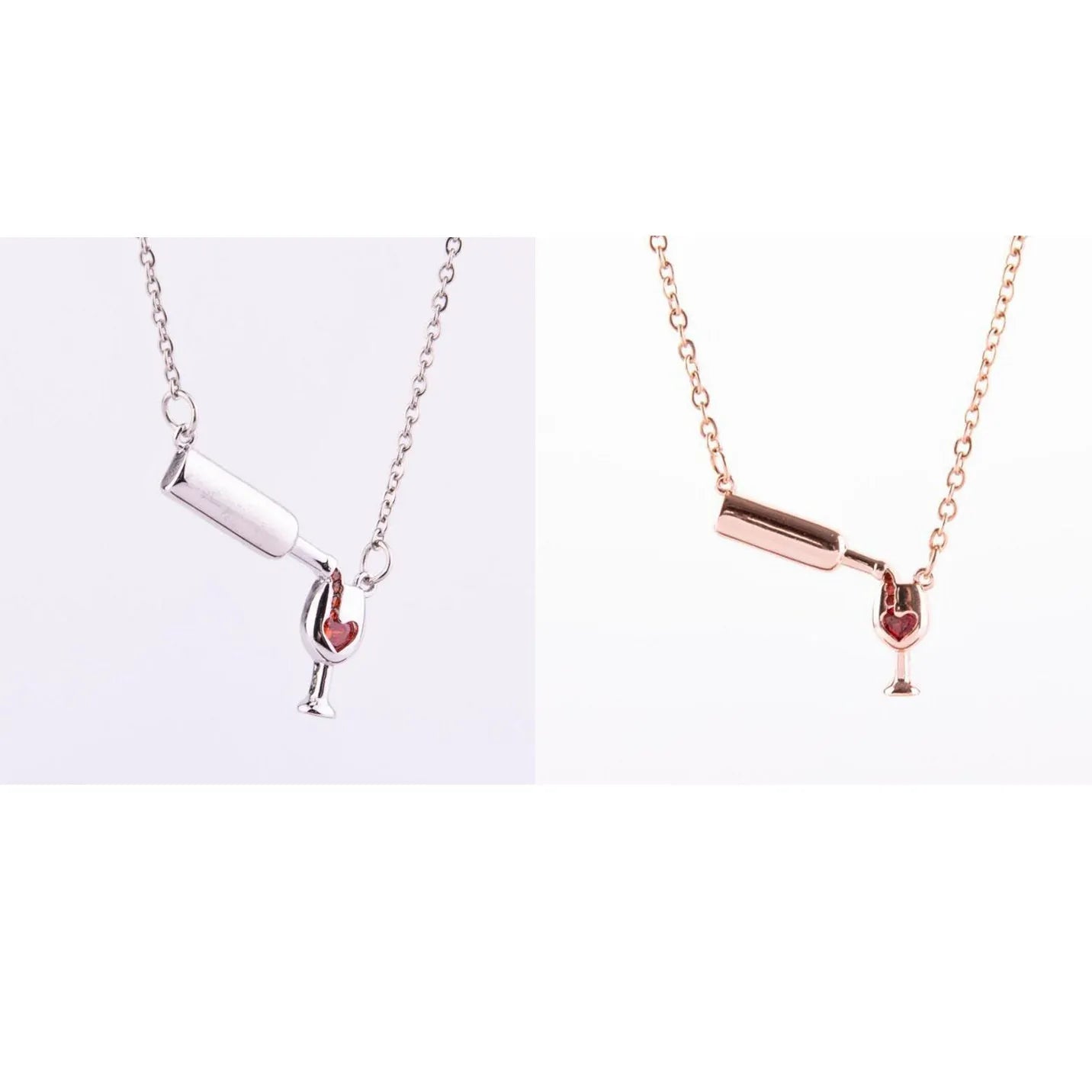 Gold alloy wine bottle and glass pendant necklace on a light background