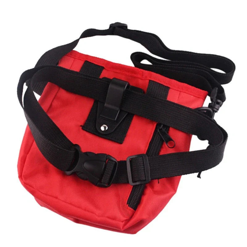 Drawstring pocket dog treat pouch with adjustable belt in red and black