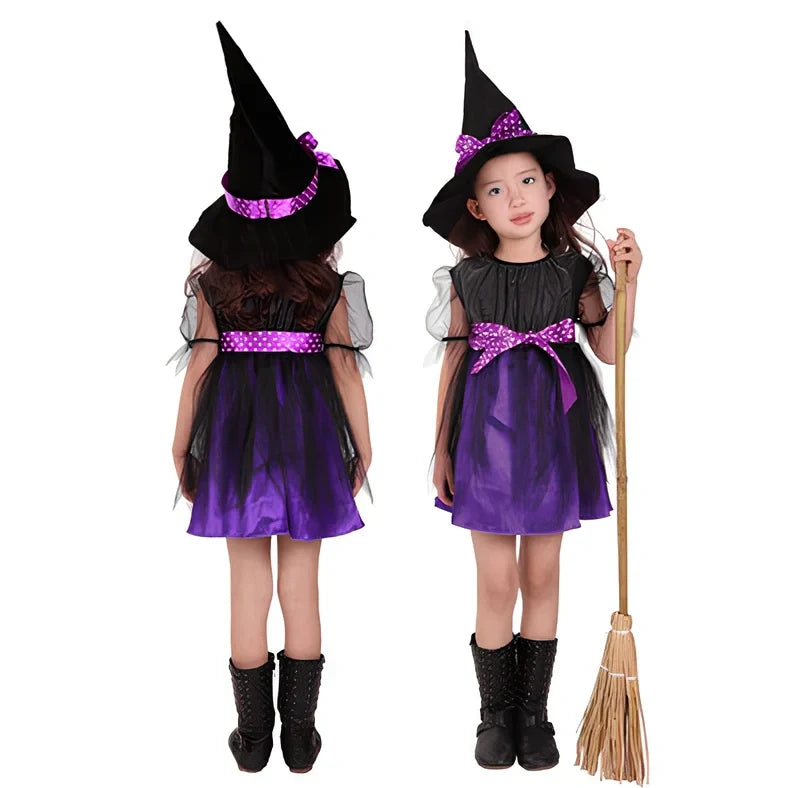 Child witches role play costume in purple linen, 90% composition, sizes 50-160cm with bat accessory option