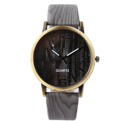 Wood grain style quartz wrist watch with 40.5mm round dial, 11mm thick metal case, and plastic strap - precise timekeeping accessory