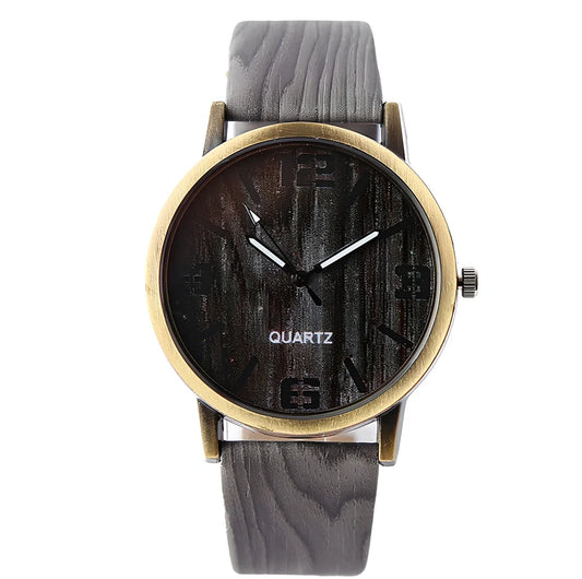 Wood grain style quartz wrist watch with 40.5mm round dial, 11mm thick metal case, and plastic strap - precise timekeeping accessory