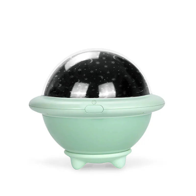 Green UFO-shaped starry sky projection night light with LED display and dual power options