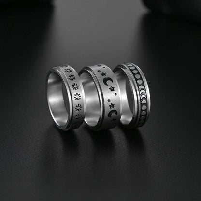 Stylish titanium steel rings with stars, moons, and unique textures for fashionable accessories