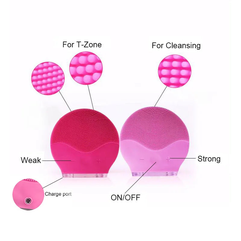 Electric waterproof silicone cleansing instrument with USB charging and sonic vibration in pink