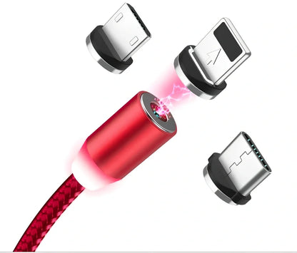 YBD 1m black magnetic LED charging cable with three-in-one plugs for iPhone and Android, showing N52 magnet connection