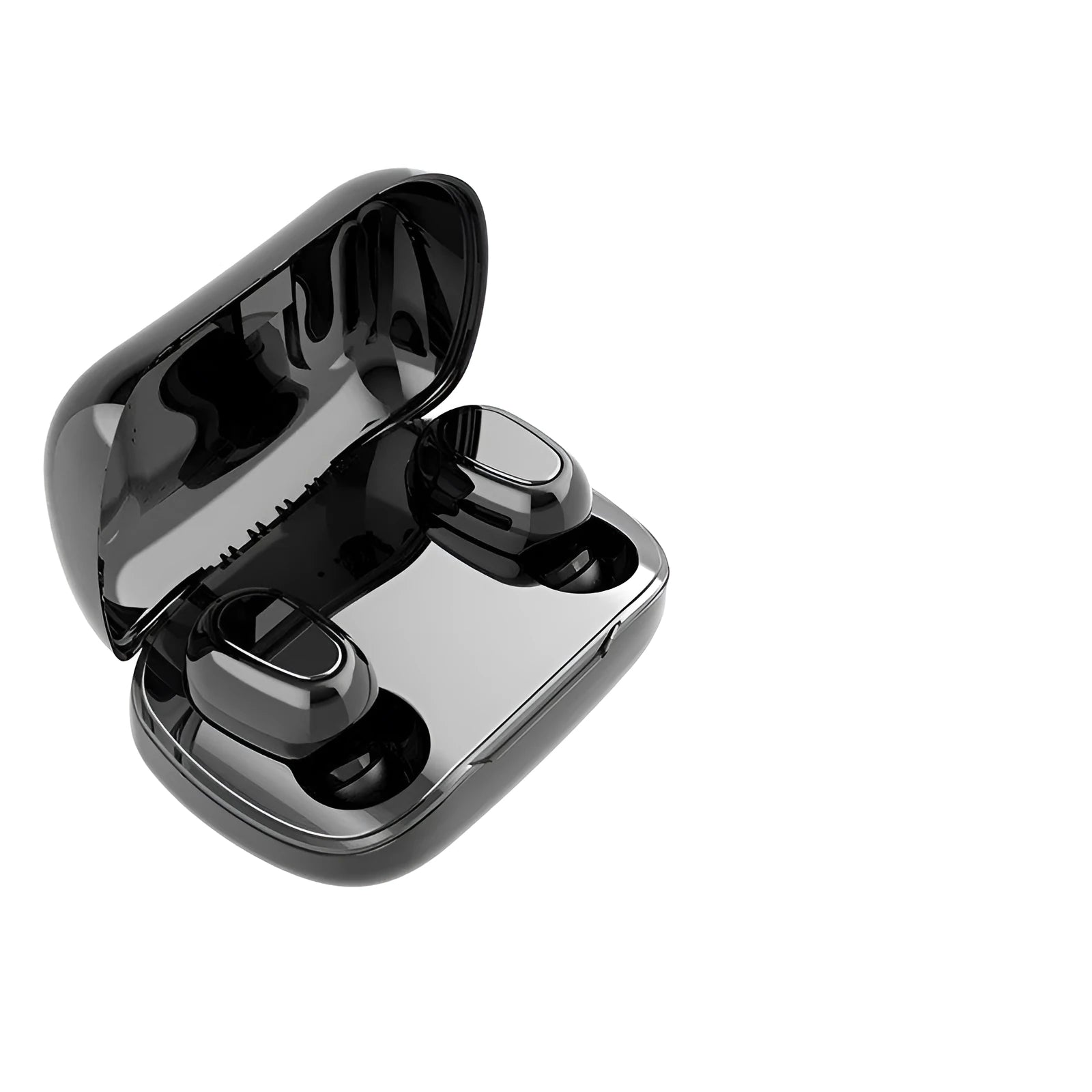 A Black TWS Bluetooth headset with earbuds and charging case on a white background.