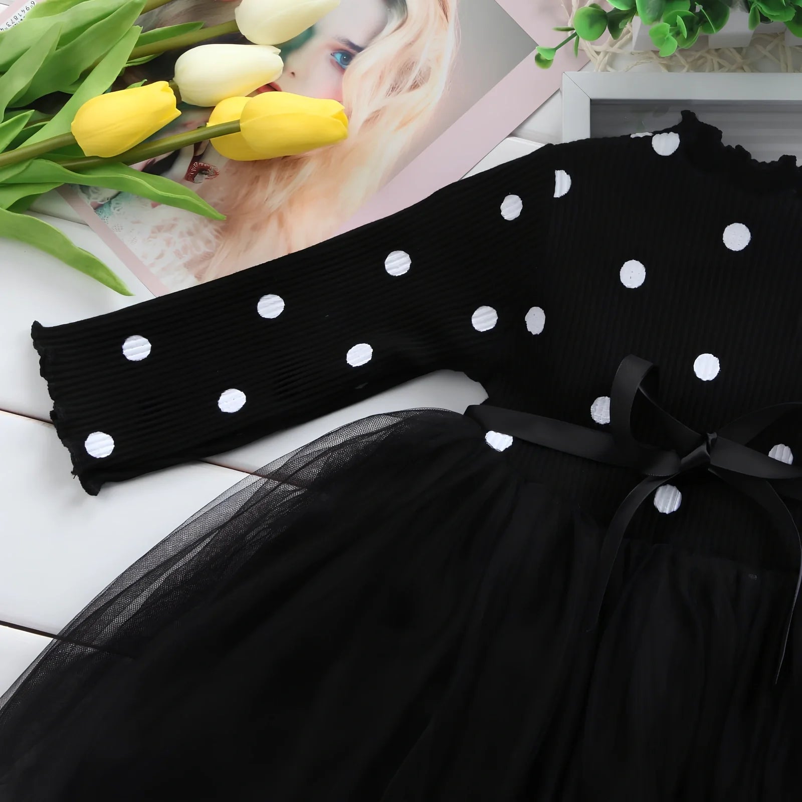 Baby girls long sleeve tutu lace dress in black, pink or white for ages 3-8 years