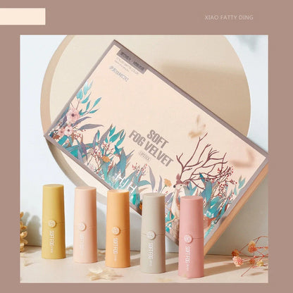 Soft mist velvet lipstick set with five shades in coordinated packaging