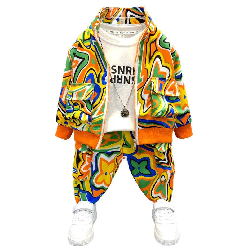 Orange and blue spring children's cotton two-piece shirt and trousers set for boys