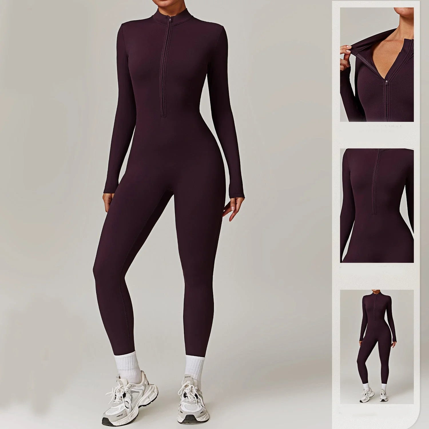 A versatile zippered athletic jumpsuit in various colors, ideal for yoga, fitness, and sports activities