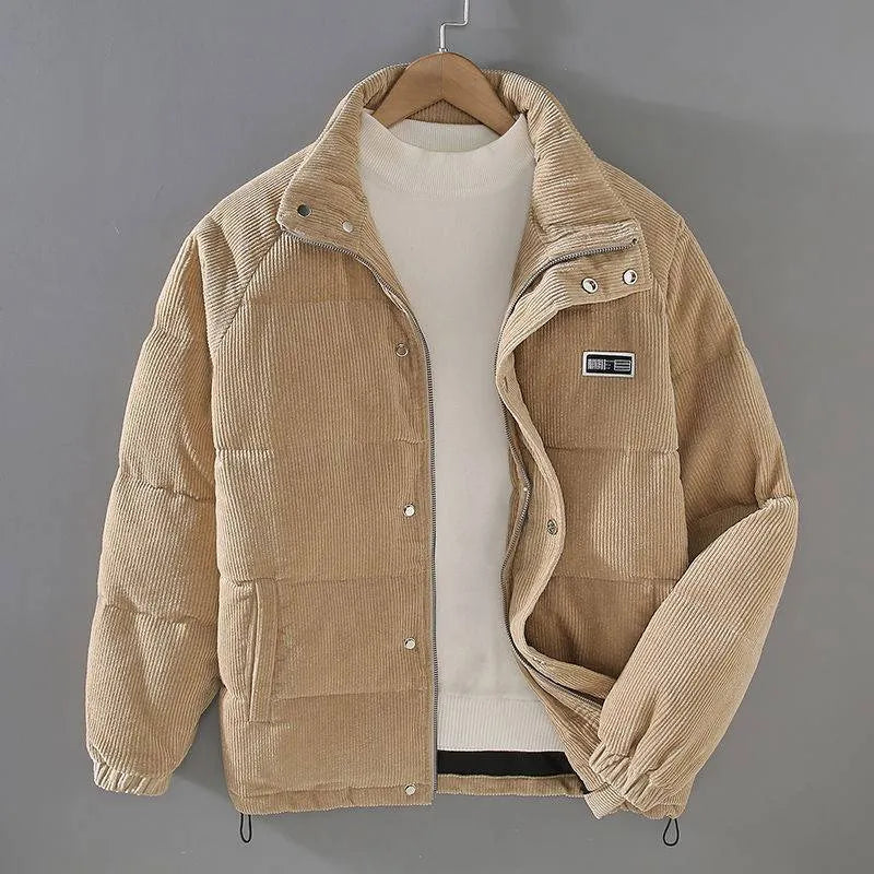 Men's puffer jacket cardigan style with patch pockets in black, khaki and gray, sizes M to 5XL