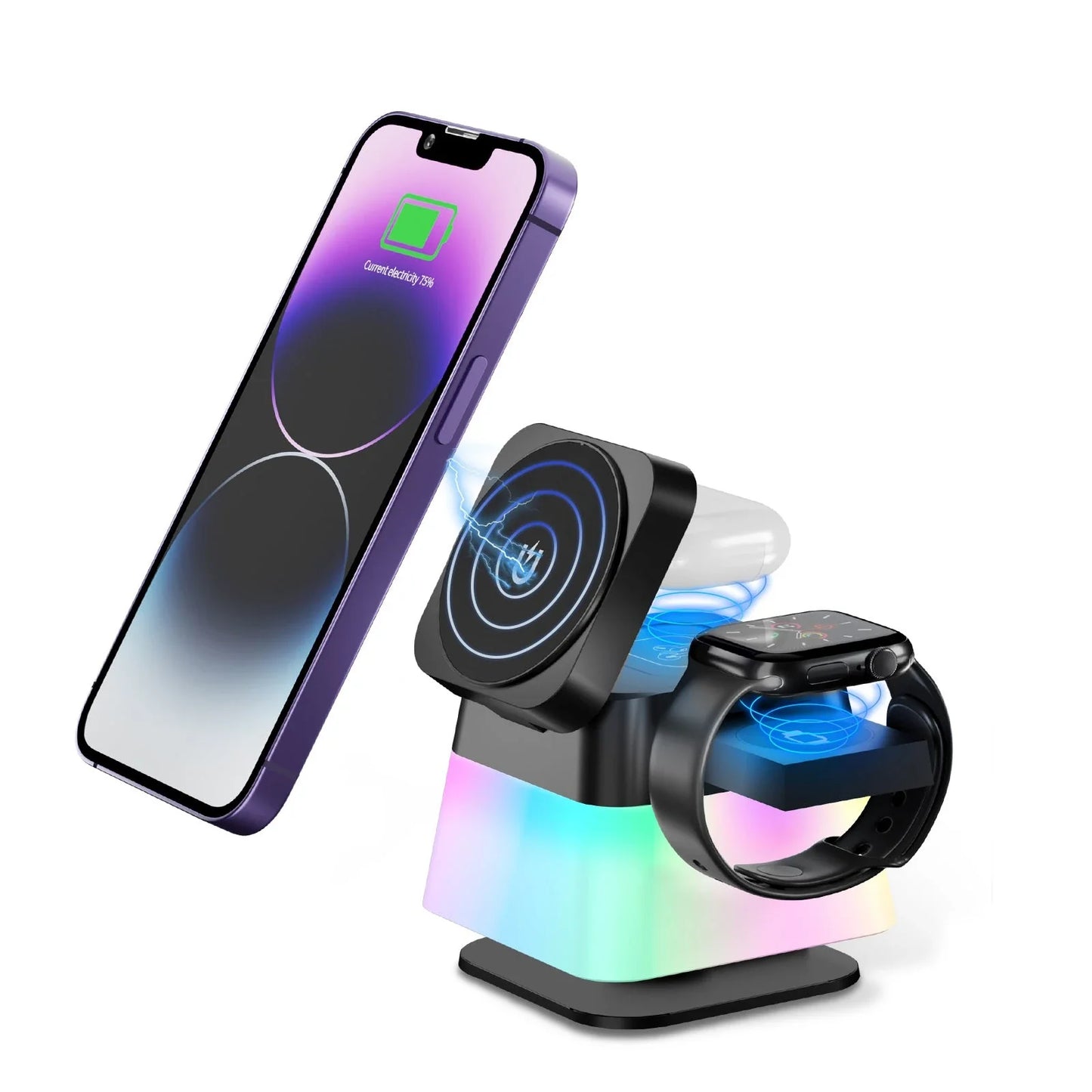 Multifunctional wireless charging station with rotating lamp, adjustable night light, and secure phone holder