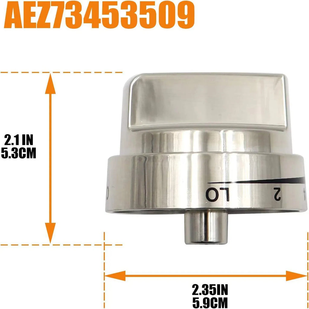 Silver metal replacement knob for oven or stove control, 5.3cm diameter.
