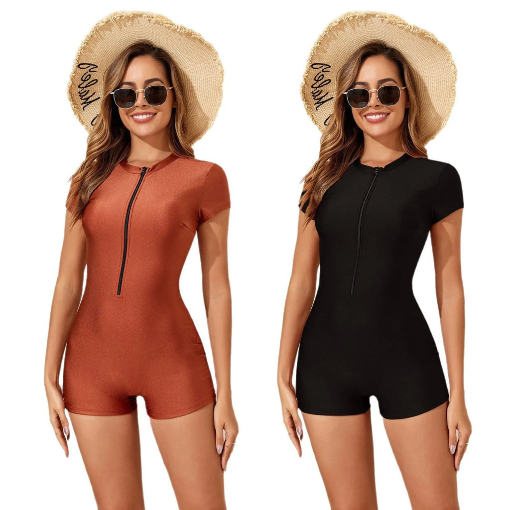 Solid colour zipper one-piece swimsuit in brown with short sleeves for women