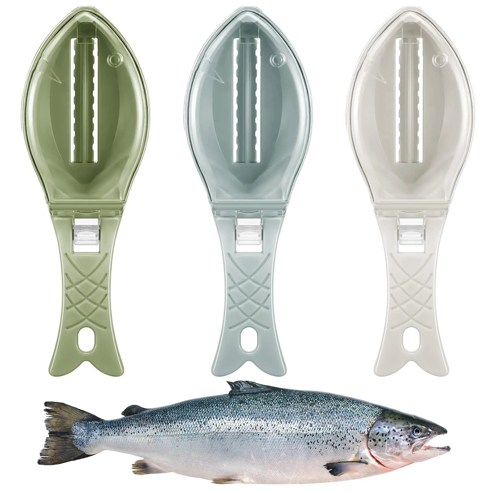 Fish scale scraper in white, green, and blue with hanging hole for easy storage