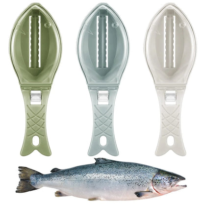 Fish scale scraper in white, green, and blue with hanging hole for easy storage