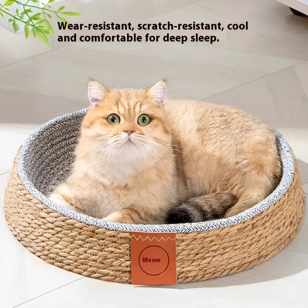 A woven rattan cat nest bed cage shown in size L, suitable for medium to large cats.
