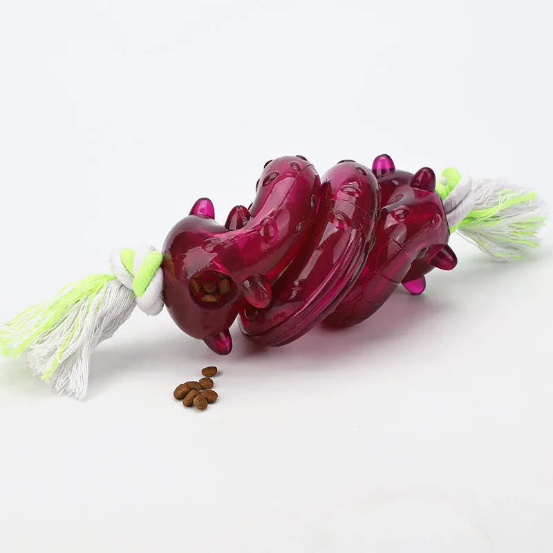 Dog bite leakage toy made of TPR and cotton rope in large size 300x95x85 mm for medium to large dogs