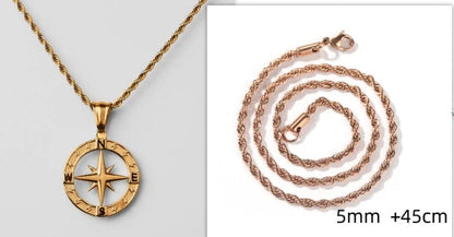 Stainless steel compass circular necklace with electroplated finish in gold and steel options
