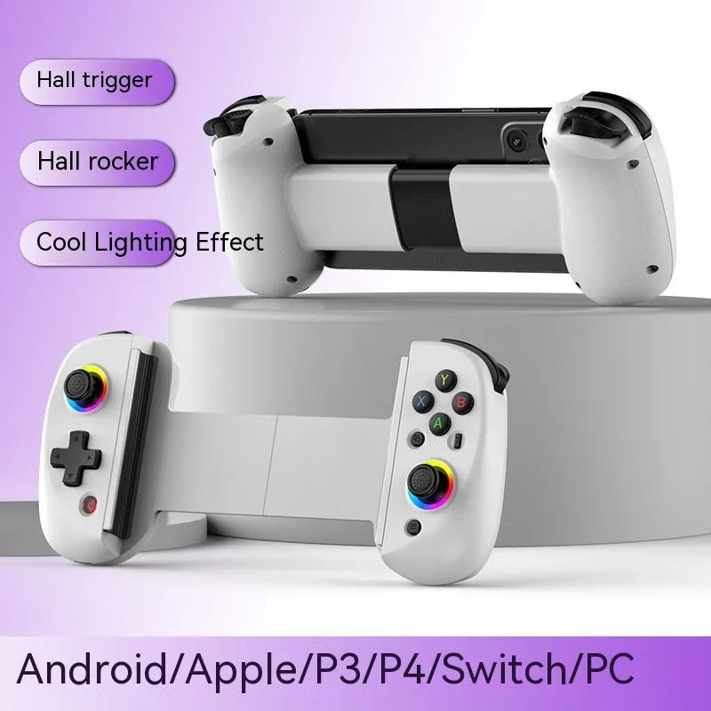 D8 stretch Bluetooth gamepad controller holding a tablet, shown in black, blue green, blue red, grey, or white.