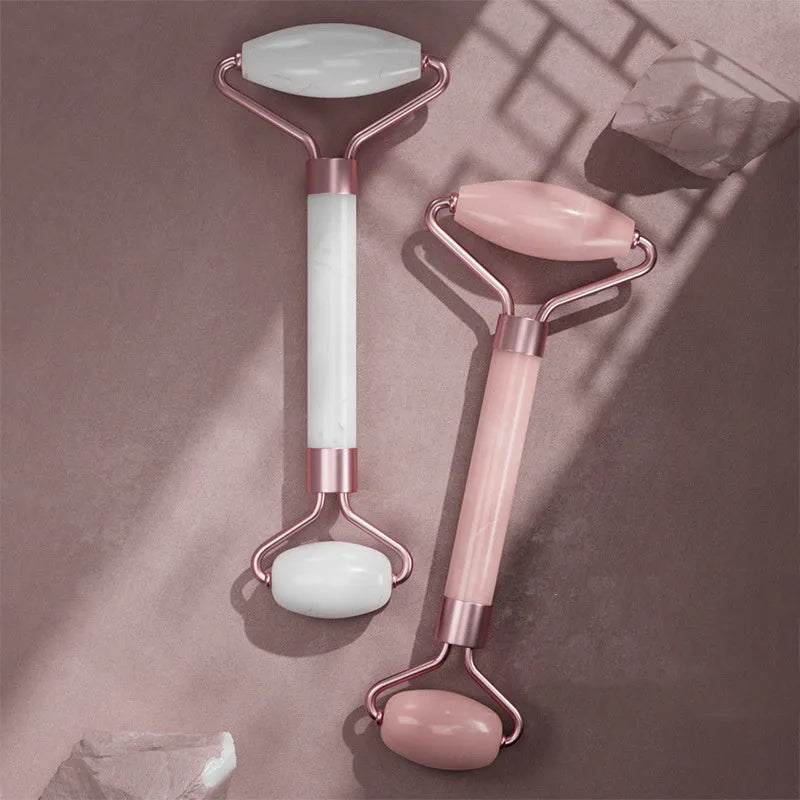 Scraping roll massager set with pink double-headed roller and scraping board for facial muscle relaxation