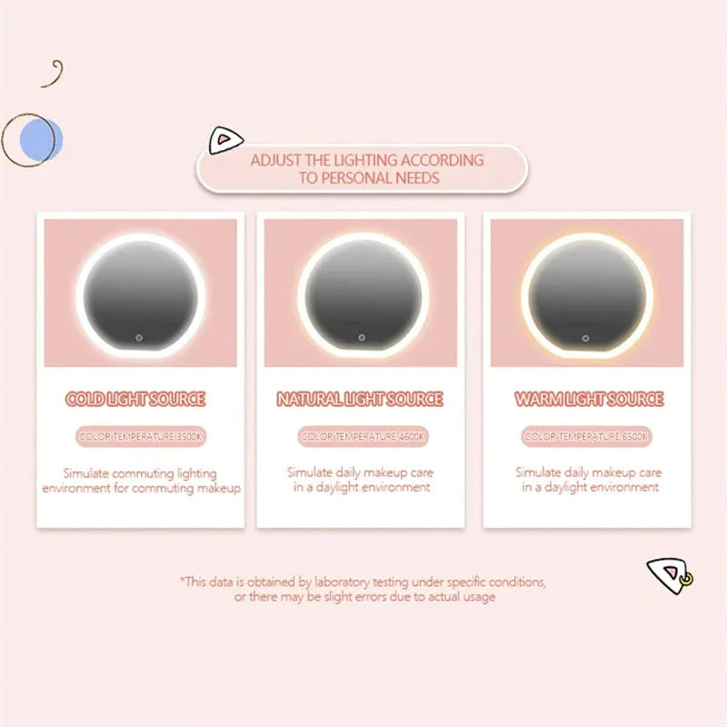 Round pink LED makeup bag open showing internal partitions and illuminated mirror.