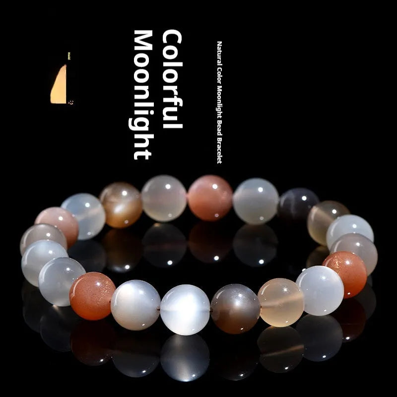 Natural colourful moonlight moonstone duobao bracelet with 8mm beads on a wrist.